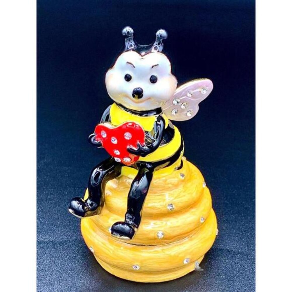Enamel Bee Trinket Box Holding Red Heart on Crystal Beehive